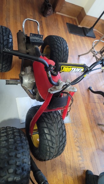 Honda ATC 70 mid-reassembly in living room with ProTaper bars installed, gold wheels visible, machine taking shape on hardwood floor