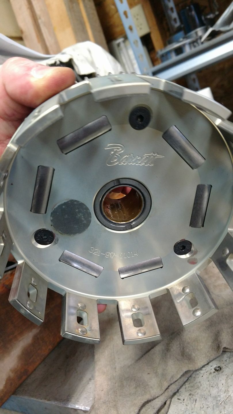 Barnett billet clutch basket for Yamaha Raptor 700 — polished aluminum with 'Barnett' script engraved on the face, part number 321-90-01014